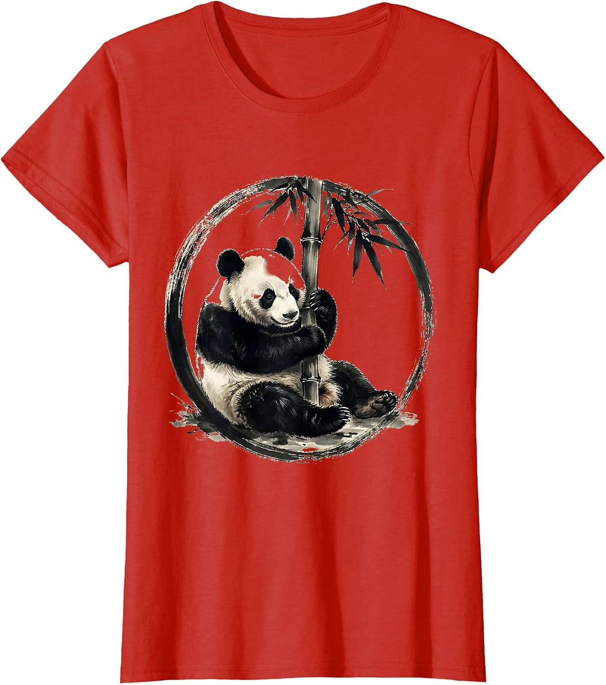 Women's Sleeping Panda Curled Around Bamboo Stalk T-Shirt - Red