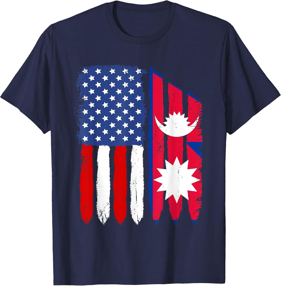 Distressed Retro USA American Nepal Flag Patriotic T-Shirt - Navy Blue