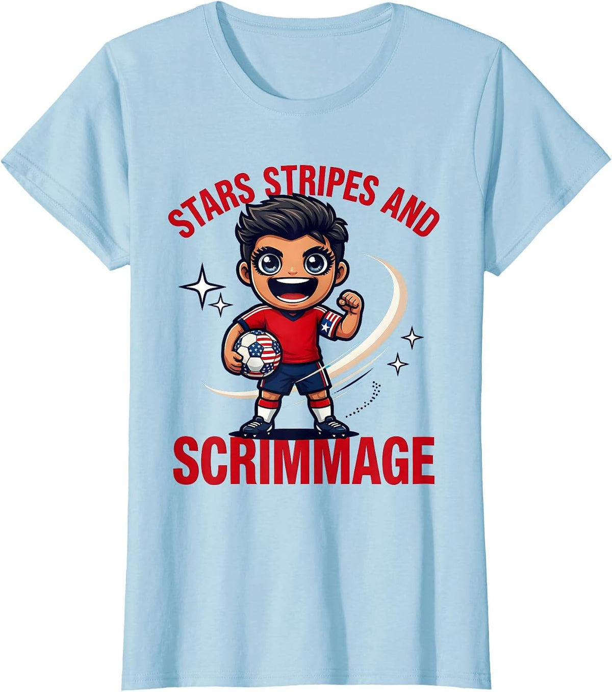 Women's STARS STRIPES AND SCRIMMAGE Funny Soccer Player 4th of July T-Shirt - Baby Blue