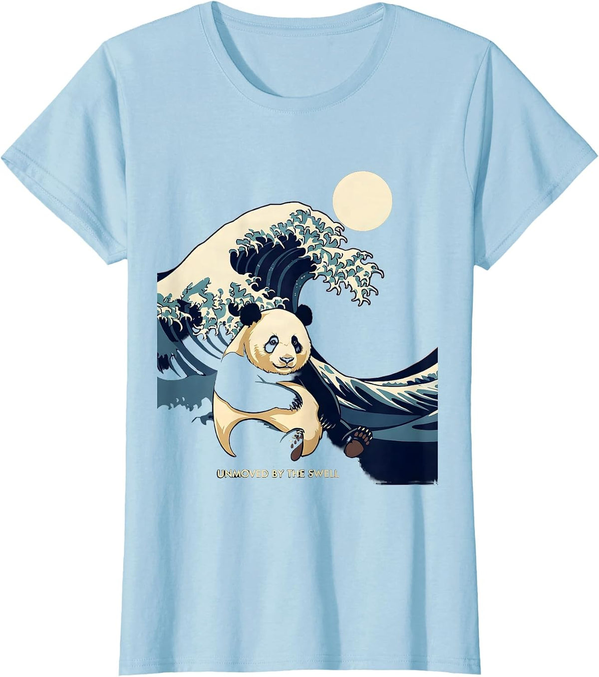 Women's Unmoved By The Swell Flat Vector Japanese Art Panda Surfing T-Shirt - Baby Blue