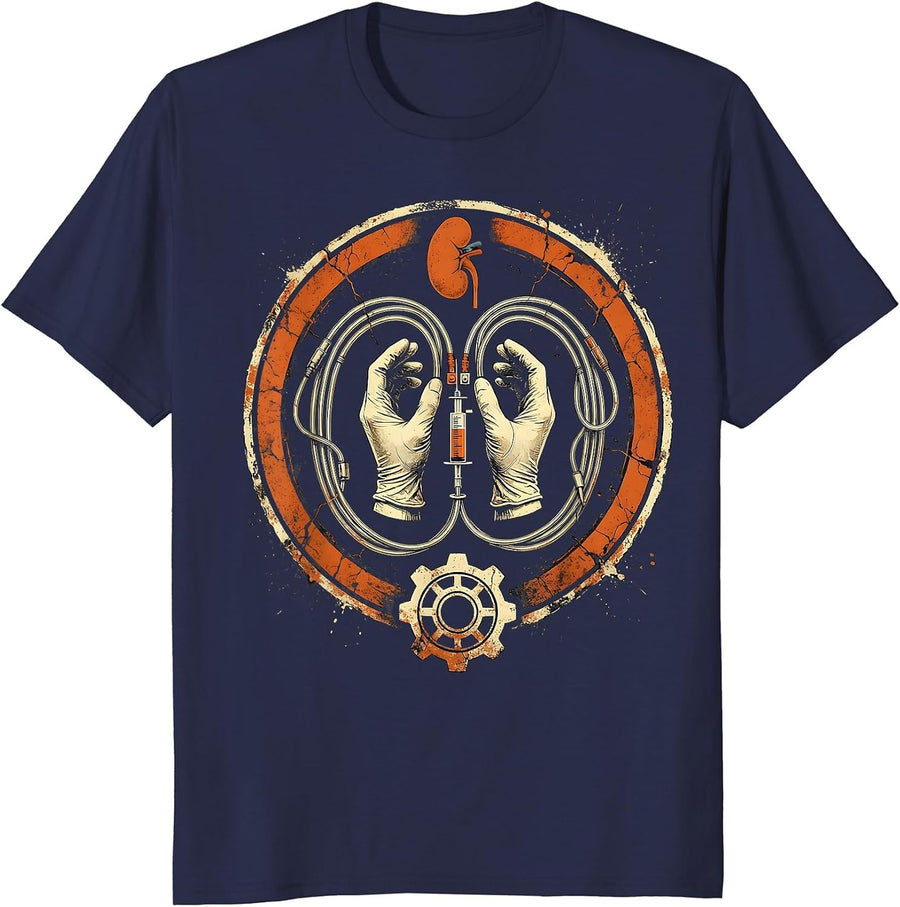 Dialysis Technician Connecting Tubing Patient Art T-Shirt - Navy Blue