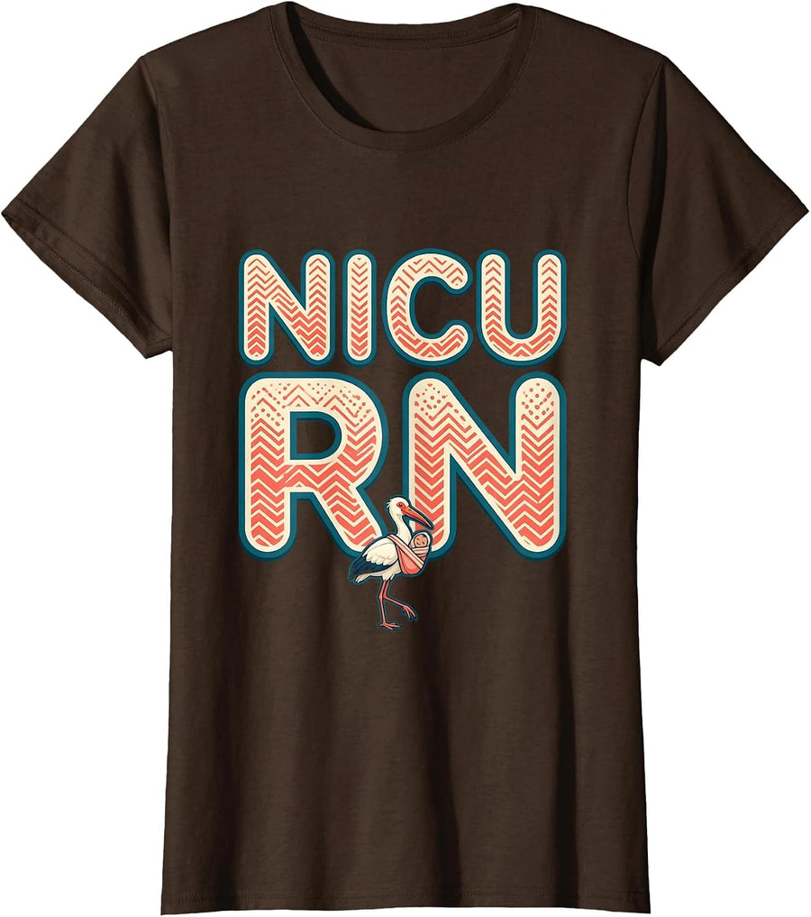 Women's NICU RN Cute Stork Neonatal Intensive Care Unit Nurse Gift T-Shirt - Brown