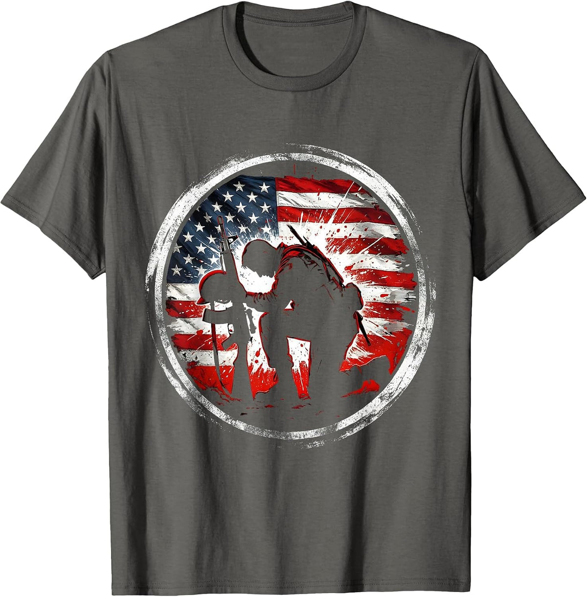 Soldier Kneeling Battlefield Cross Memorial Graphic T-Shirt - Asphalt Grey