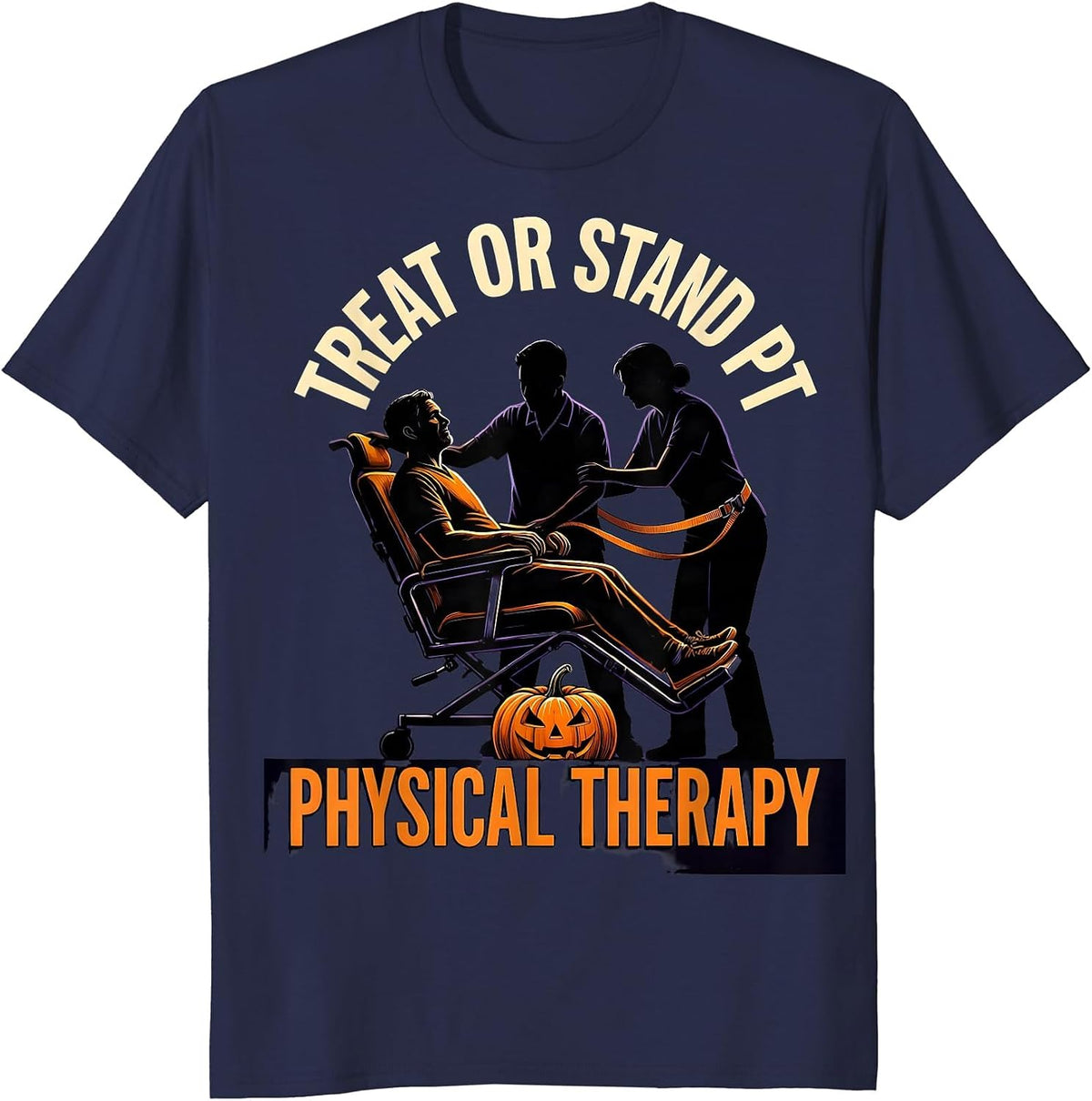 Men's Treat Or Stand PT Halloween Physical Therapy Therapist Humor T-Shirt - Navy Blue