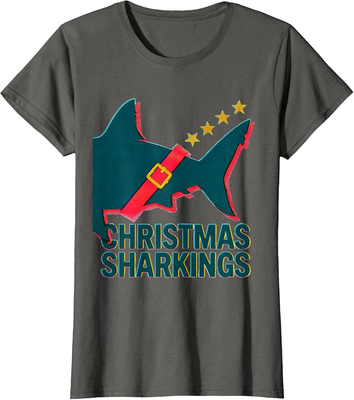 Women's Christmas Sharkings Risograph Shark Lover Funny Christmas T-Shirt - Asphalt Grey