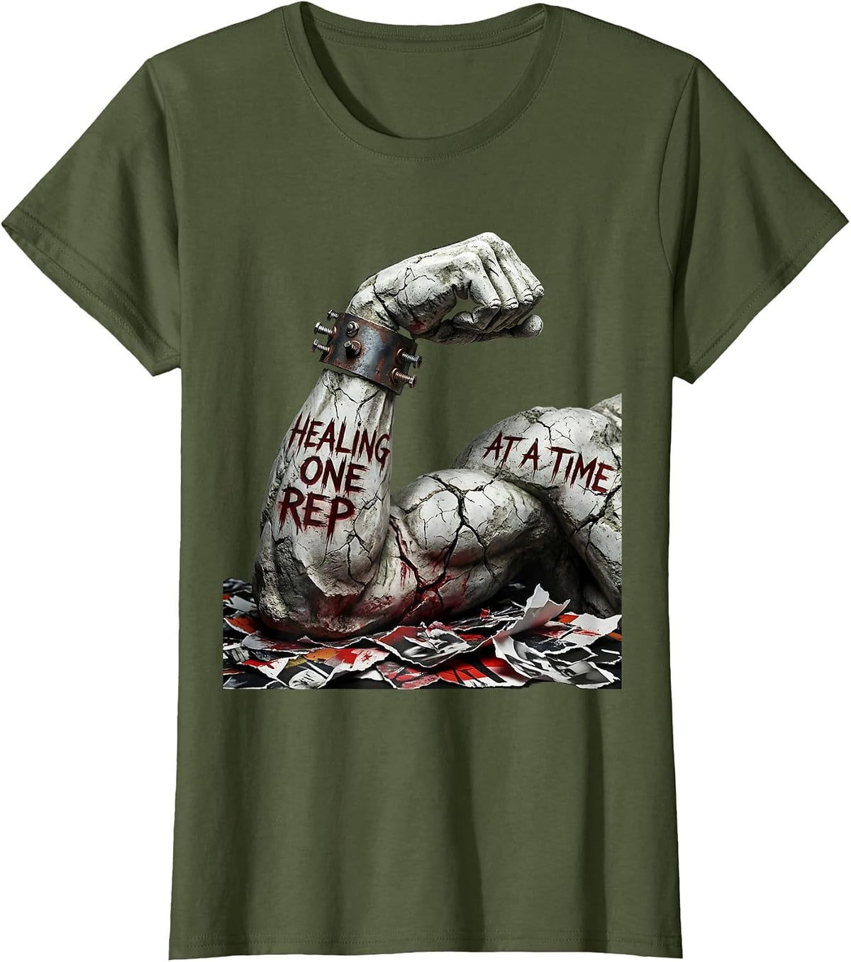 Women's Healing One Rep At A Time Physical Therapy Design T-Shirt - Olive Green