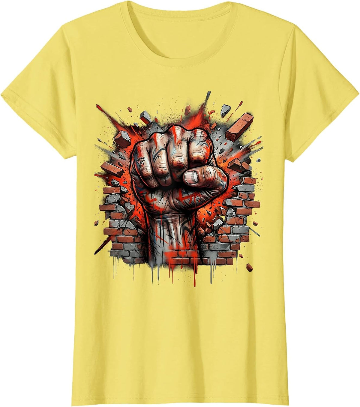 Punk Fist Smashing Through Brick Wall Graphic T-Shirt - Lemon Yellow