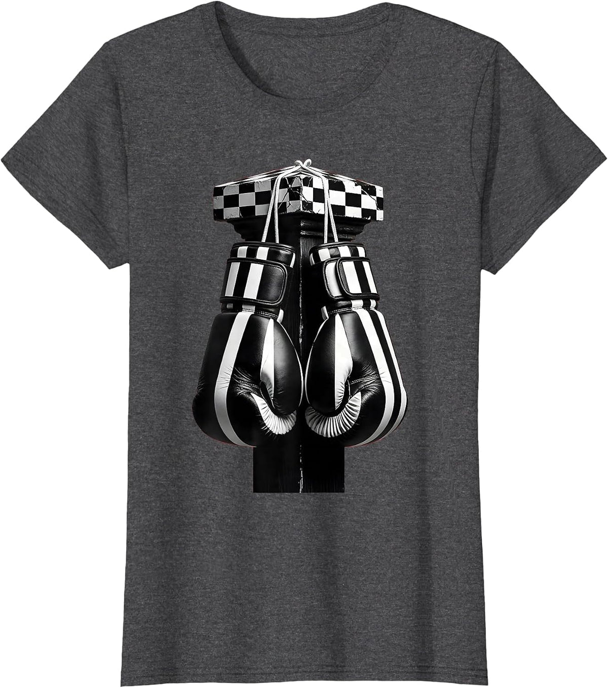 Women's Boxing Gloves Checkered Corner Post Graphic T-Shirt - Dark Heather Grey