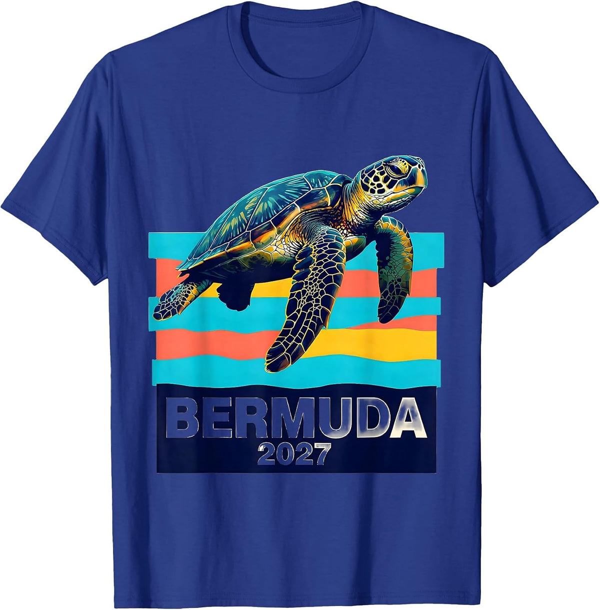 Men's Bermuda 2027 Screenprint Sea Turtle Tropical Vacation T-Shirt - Royal Blue