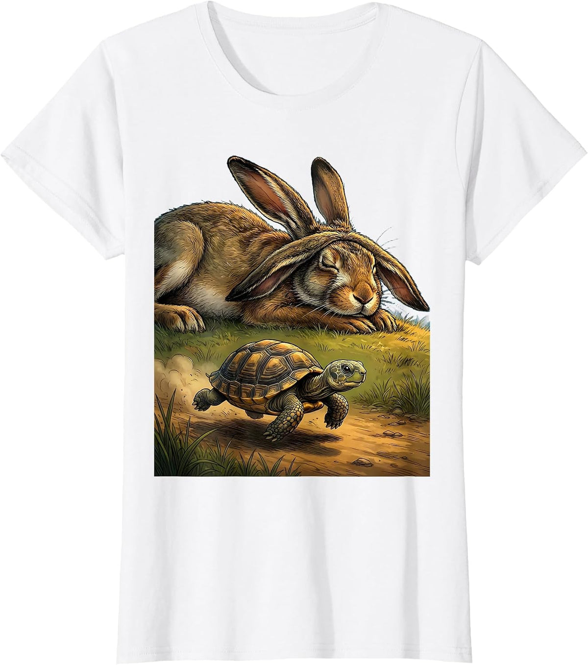 Women's Small Turtle Racing Giant Hare Big Little Design T-Shirt - White