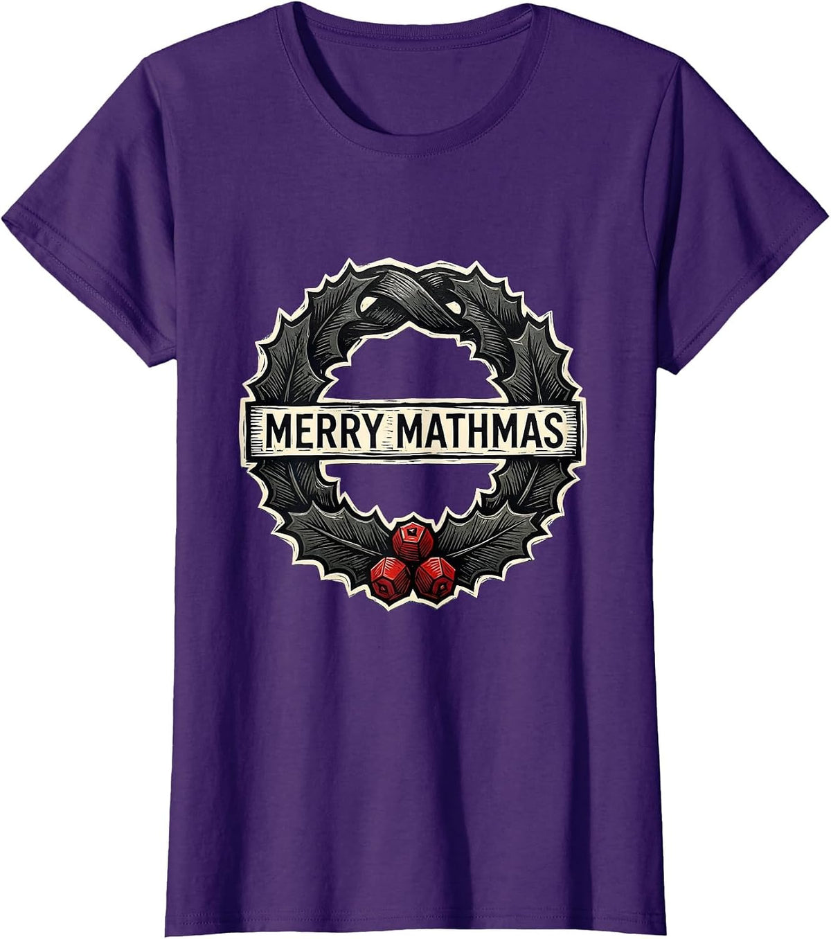 Women's Merry Mathmas Linocut Math Teacher Christmas Pun Gift T-Shirt - Purple