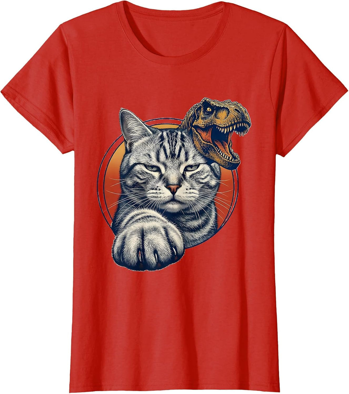 Women's Cropped Silver Tabby Cat Face Funny T-Rex Dinosaur Meme T-Shirt - Red