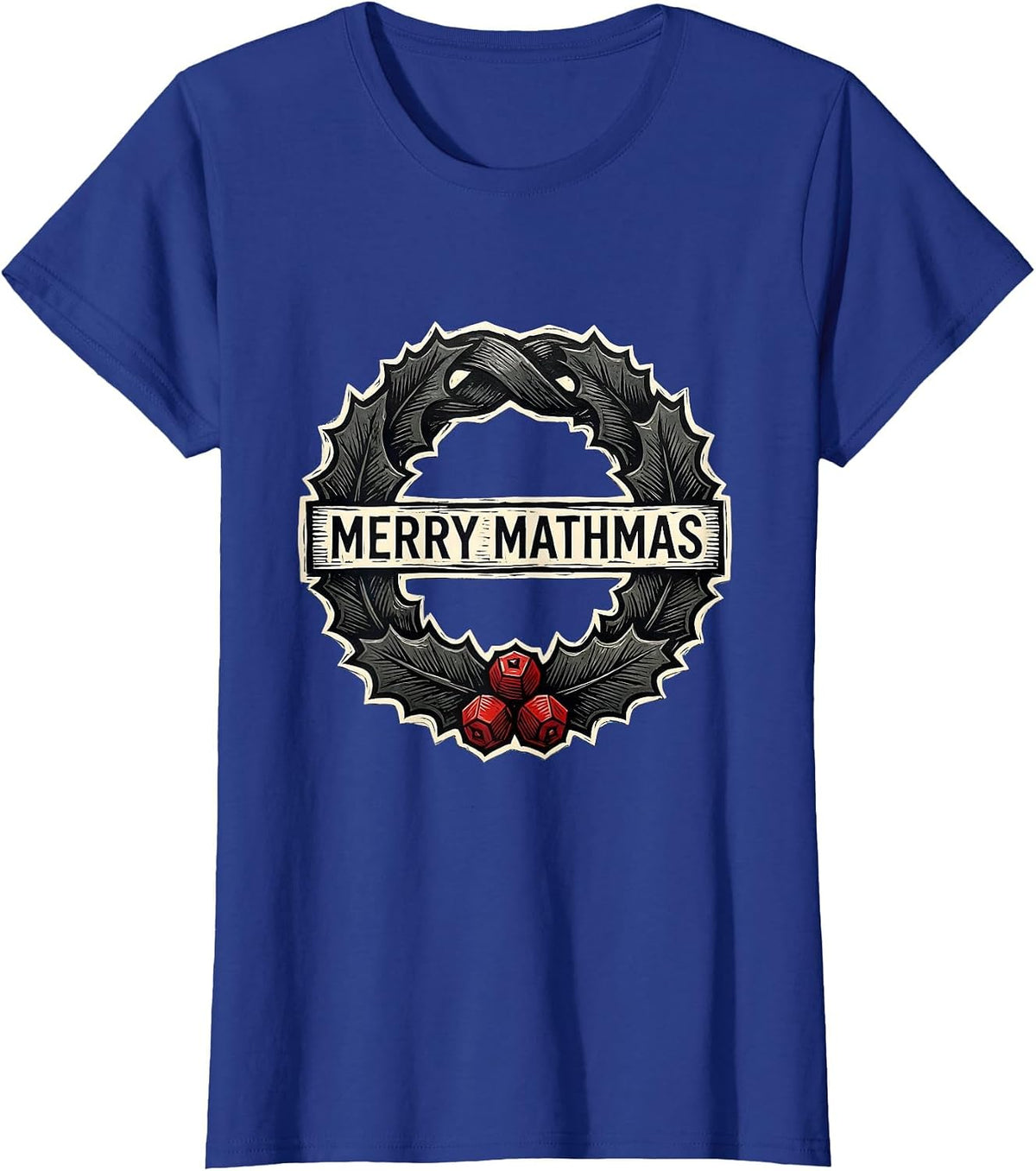 Women's Merry Mathmas Linocut Math Teacher Christmas Pun Gift T-Shirt - Royal Blue