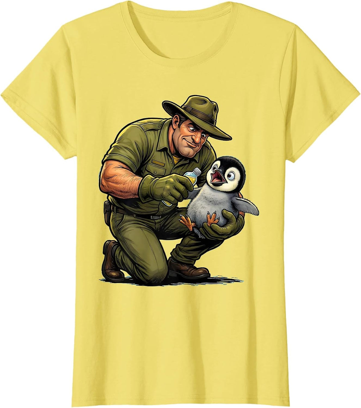Women's Zoo Keeper Bottle Feeding Baby Penguin Chick T-Shirt - Lemon Yellow