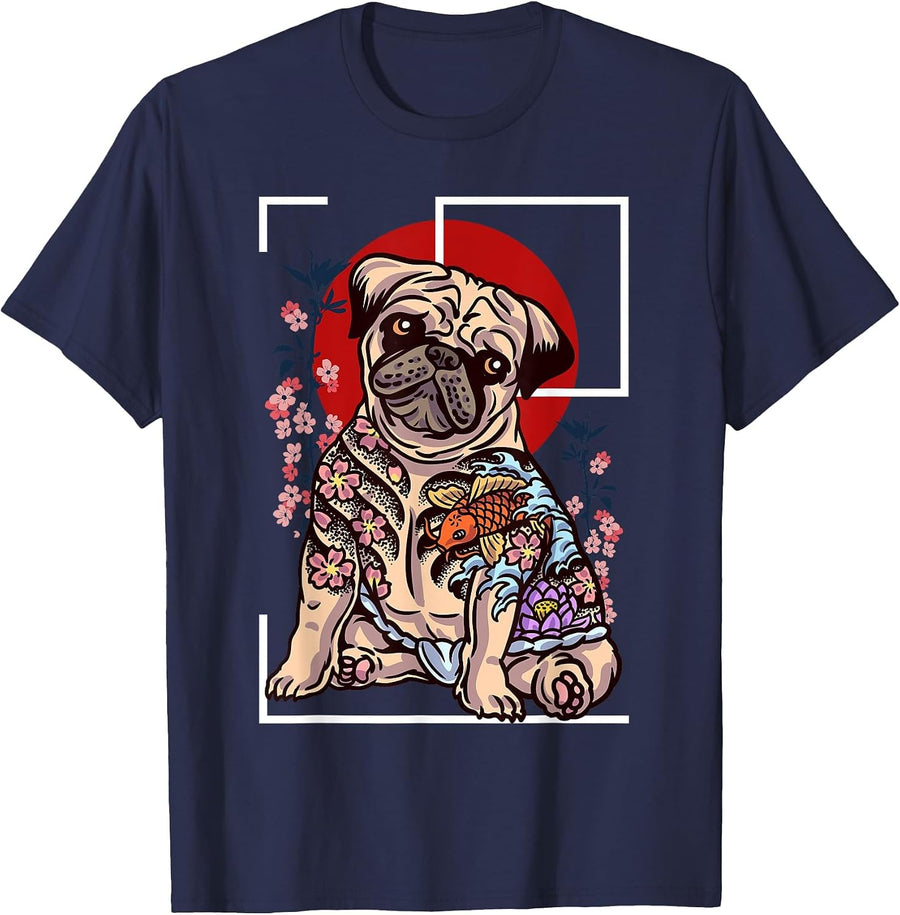 Japanese Tattoo Pug Dog Lover of Pug Yakuza Style Koi Fish T-Shirt - Navy Blue