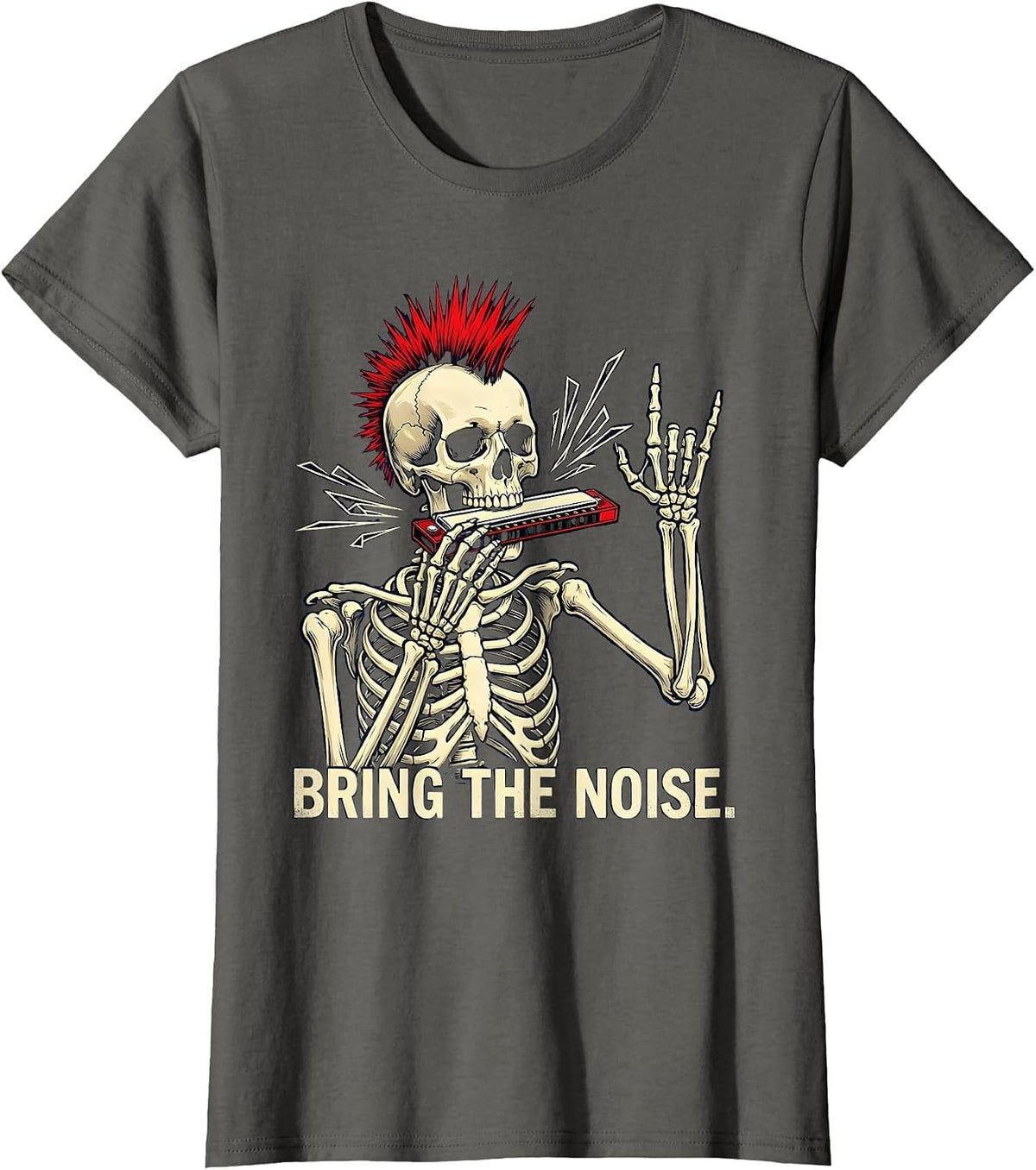 Women's Bring The Noise Punk Rock Skeleton Skull Halloween Music T-Shirt - Asphalt Grey
