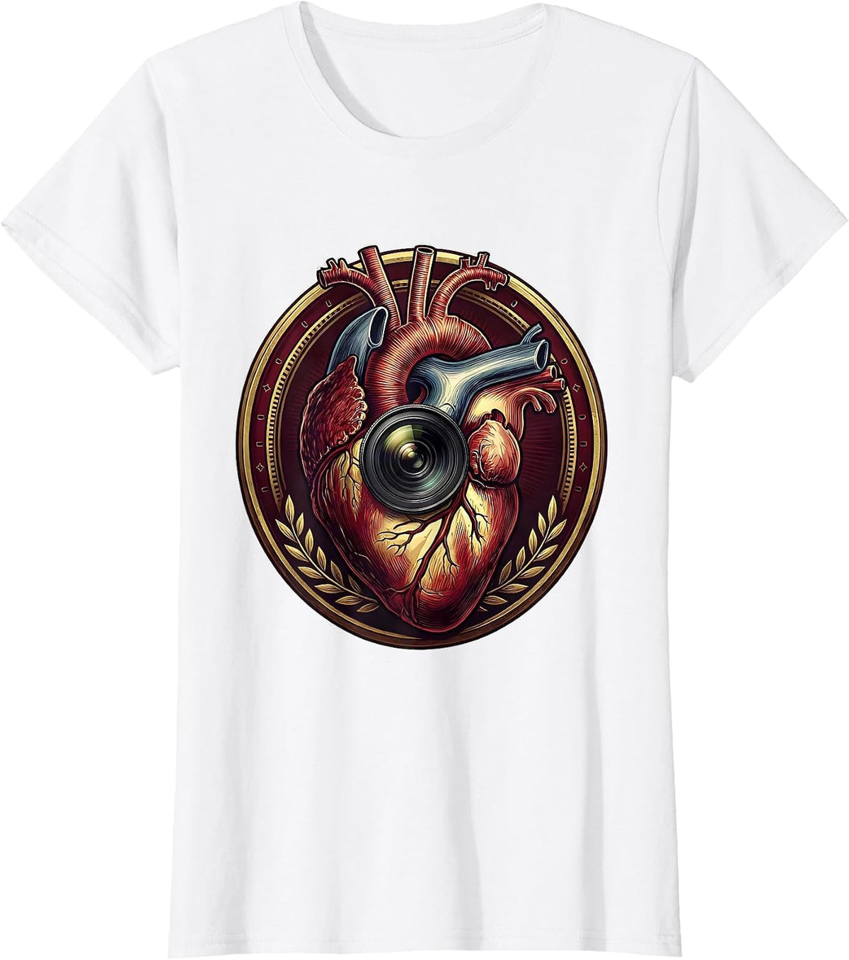 Women's Heart-Shaped Camera Photography Love Art T-Shirt - White