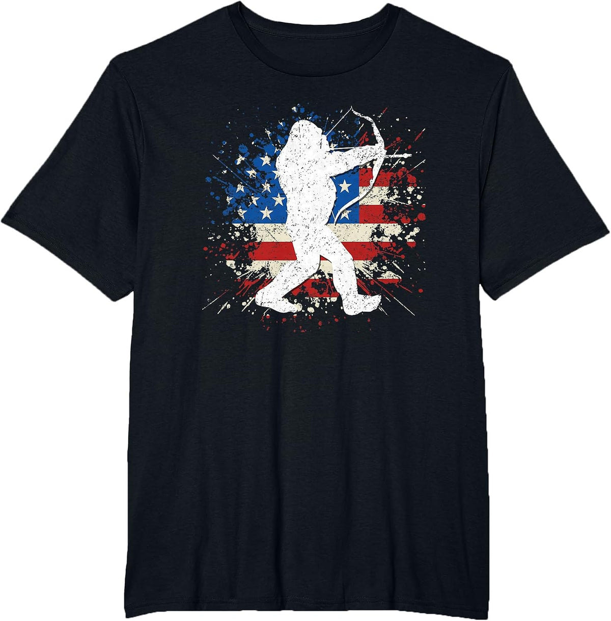 Bigfoot Bow Hunting Archery American Flag Sasquatch Hunter T-Shirt - Black