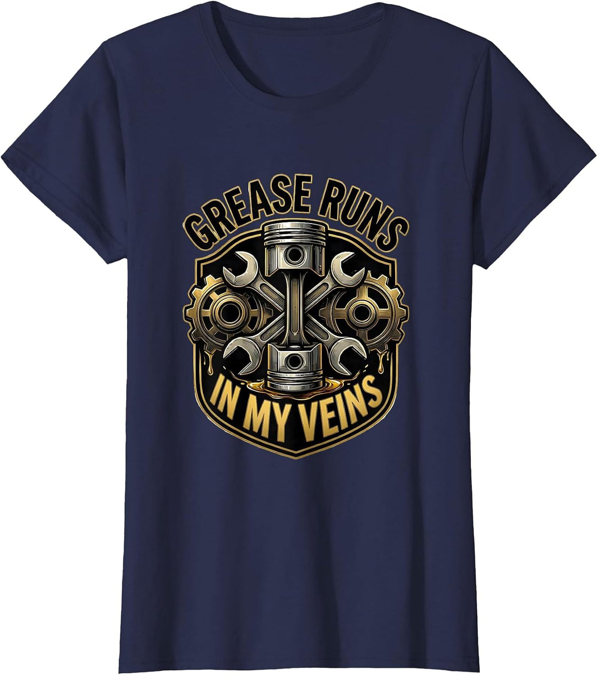 Women's Grease Runs In My Veins Auto Mechanic Design T-Shirt - Navy Blue