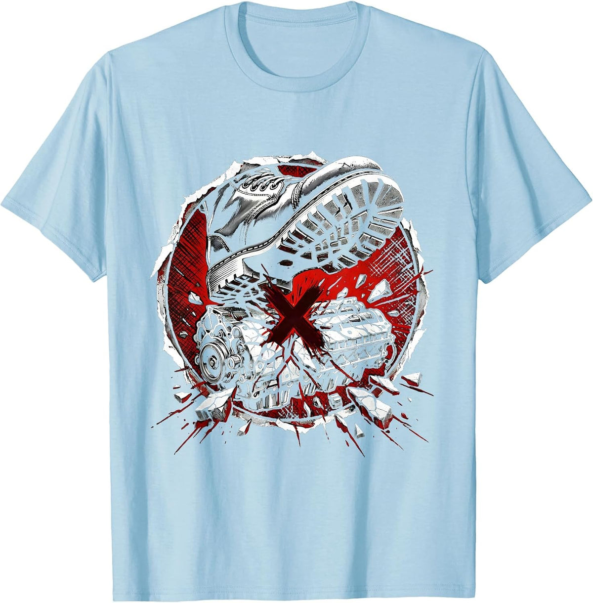 Men's Mechanic Boot Stomping Cracked Engine Block T-Shirt - Baby Blue