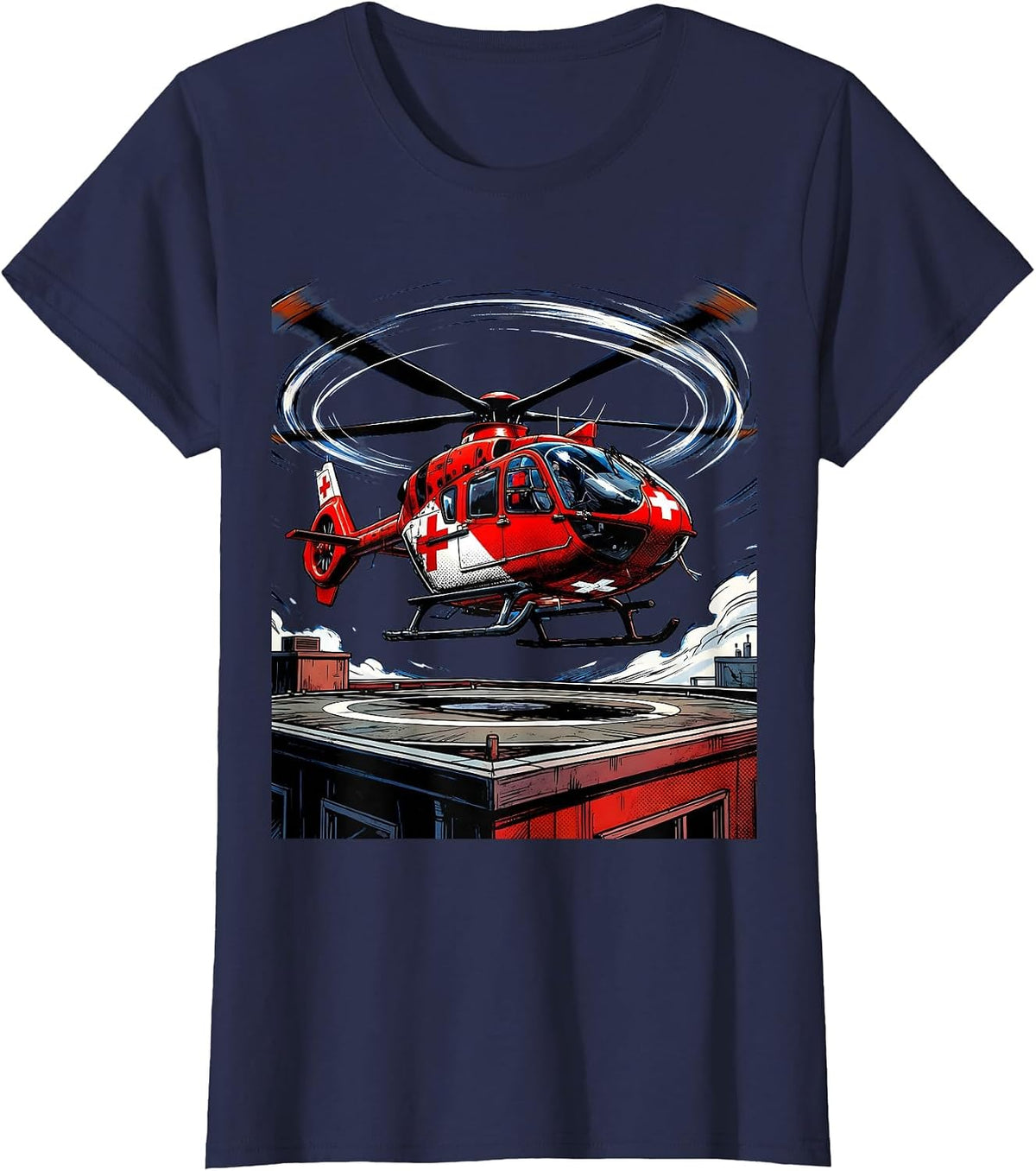 Women's Paramedic Helicopter Rooftop Landing Graphic T-Shirt - Navy Blue