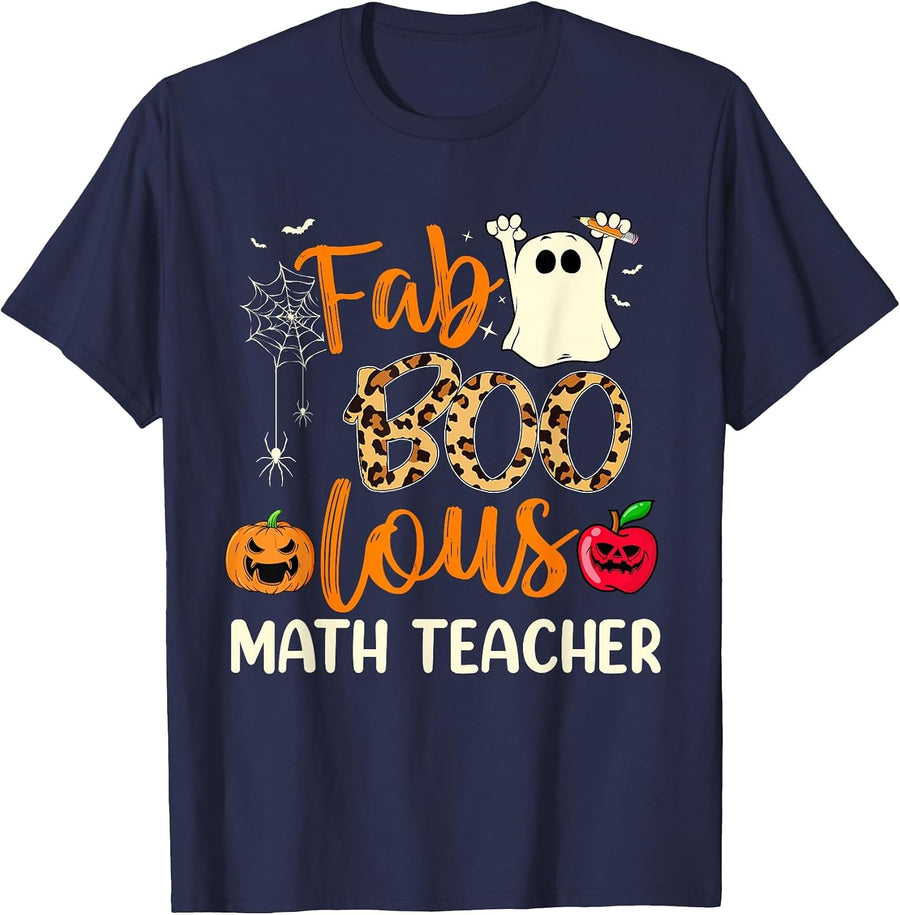 Fab Boo Lous Math Teacher Leopard Spooky Halloween Costume T-Shirt - Navy Blue