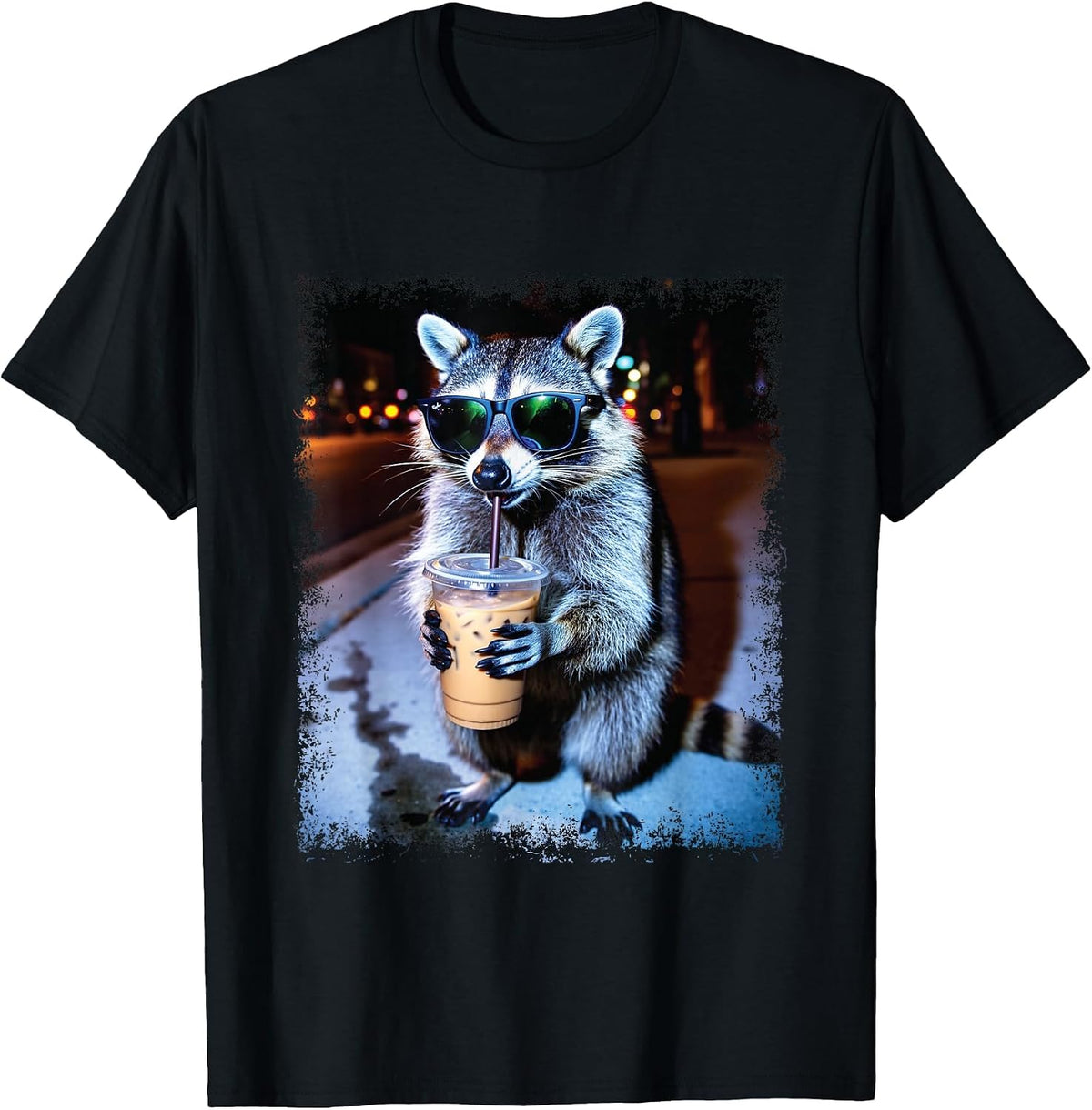 Funny Raccoon Drinking Iced Coffee Trash Panda Meme T-Shirt - Black
