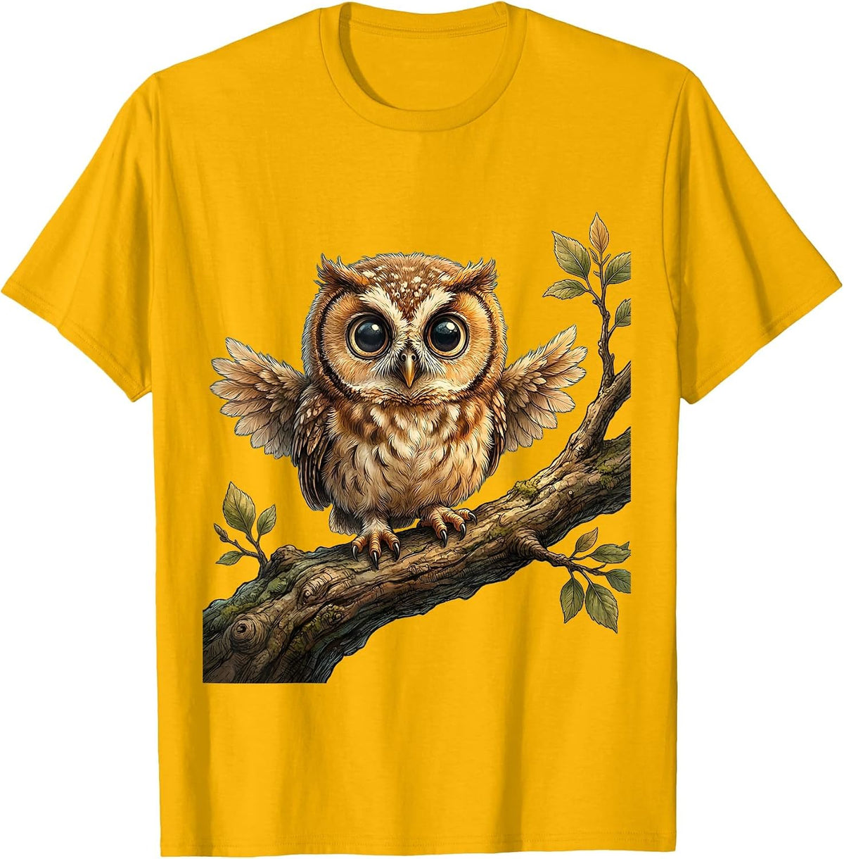 Baby Owl Perched on Branch Cute Nature Design T-Shirt - Golden Yellow