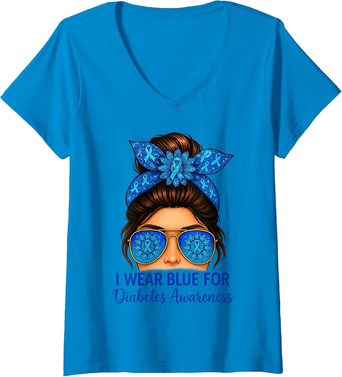 Women's I Wear Blues for Diabetes Awareness Blue Ribbon Messy Bun V-Neck T-Shirt - Sapphire Blue