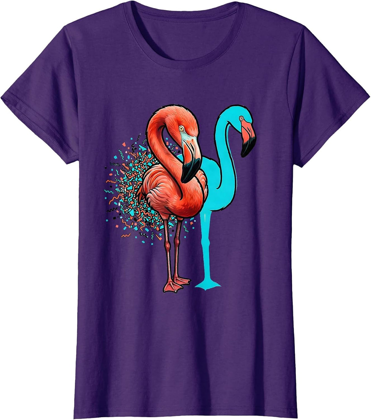 Women's Pink Flamingo Hook Gesture Memphis Postmodern Bird Lover T-Shirt - Purple