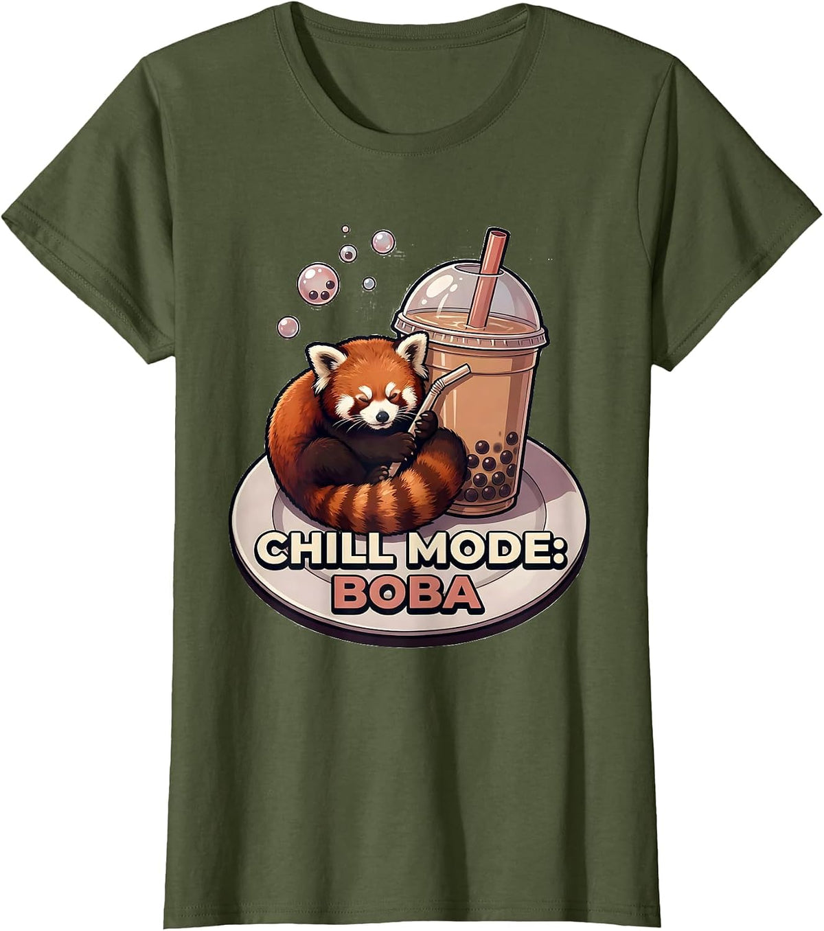 Women's Chill Mode: Boba Cute Panda Boba Tea Kawaii Anime Girl T-Shirt - Olive Green