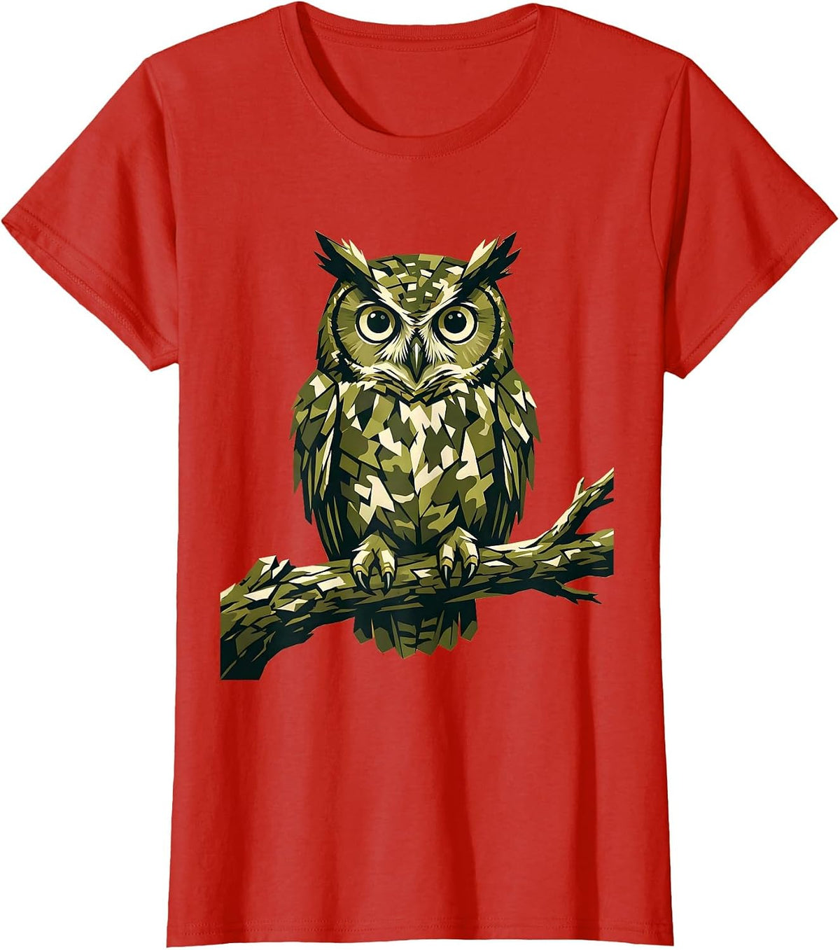 Camo Owl Perched on Branch Graphic Design T-Shirt - Red