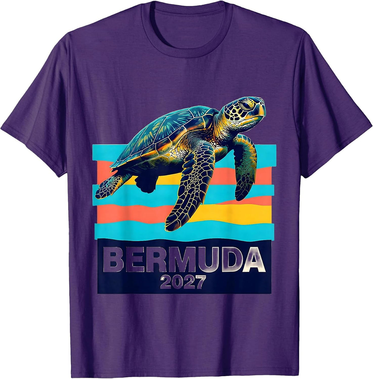Men's Bermuda 2027 Screenprint Sea Turtle Tropical Vacation T-Shirt - Purple