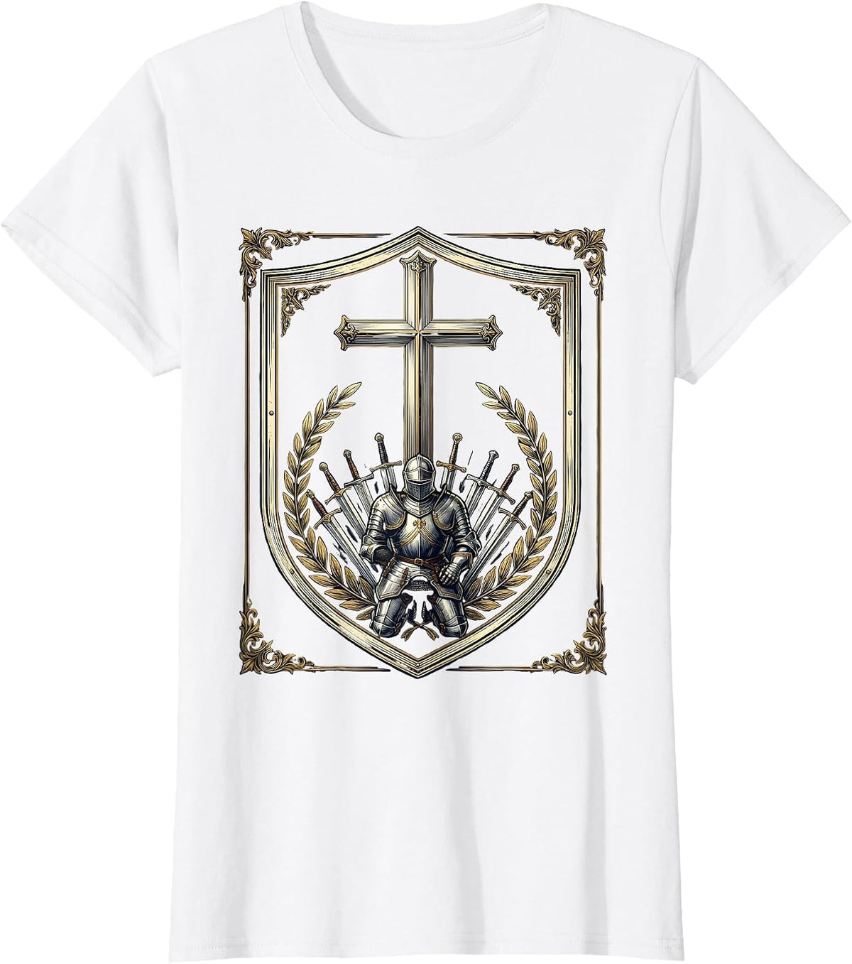 Kneeling Soldier Armor at the Cross Faith Graphic T-Shirt - White