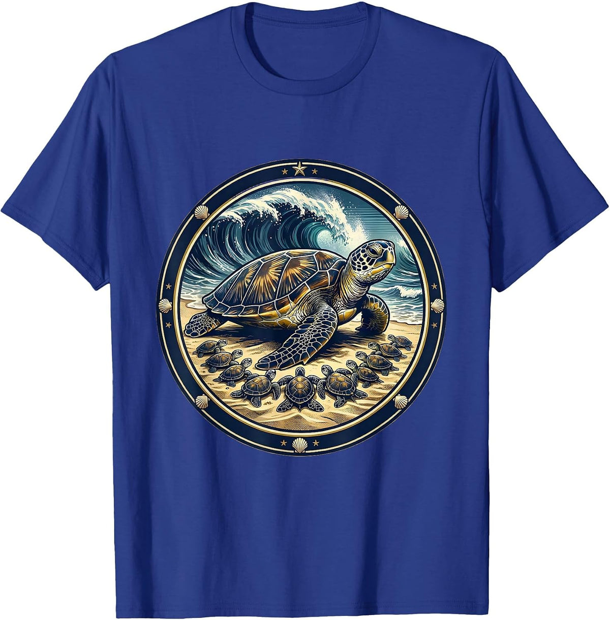 Men's Mama Turtle With Hatchlings on Beach Graphic T-Shirt - Royal Blue