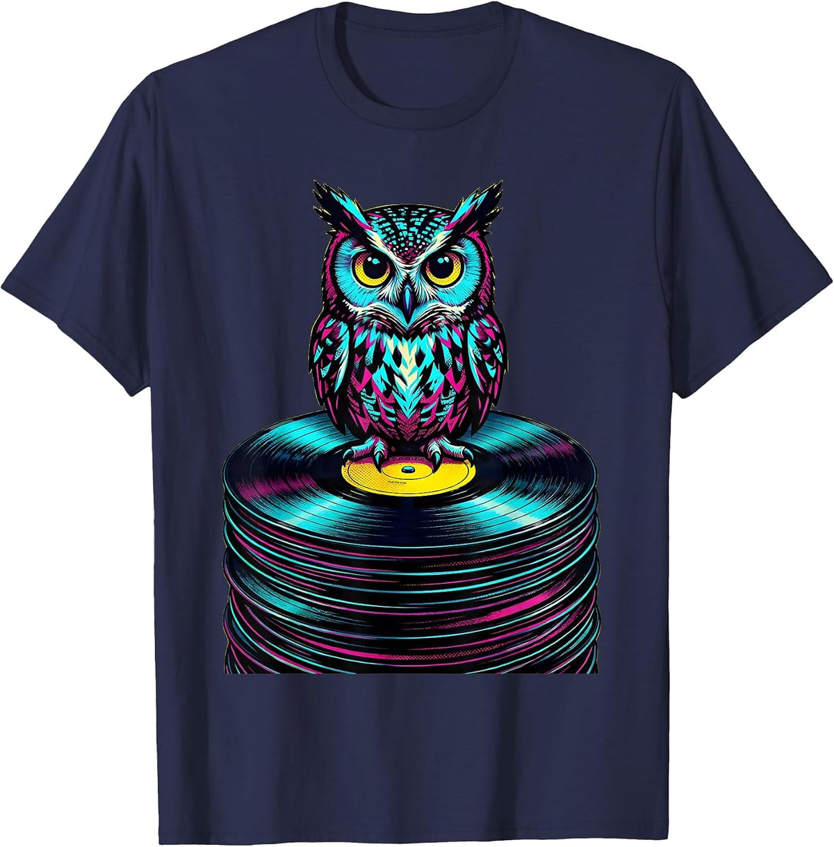 Wise Owl on Vinyl Records Music Lover Art T-Shirt - Navy Blue