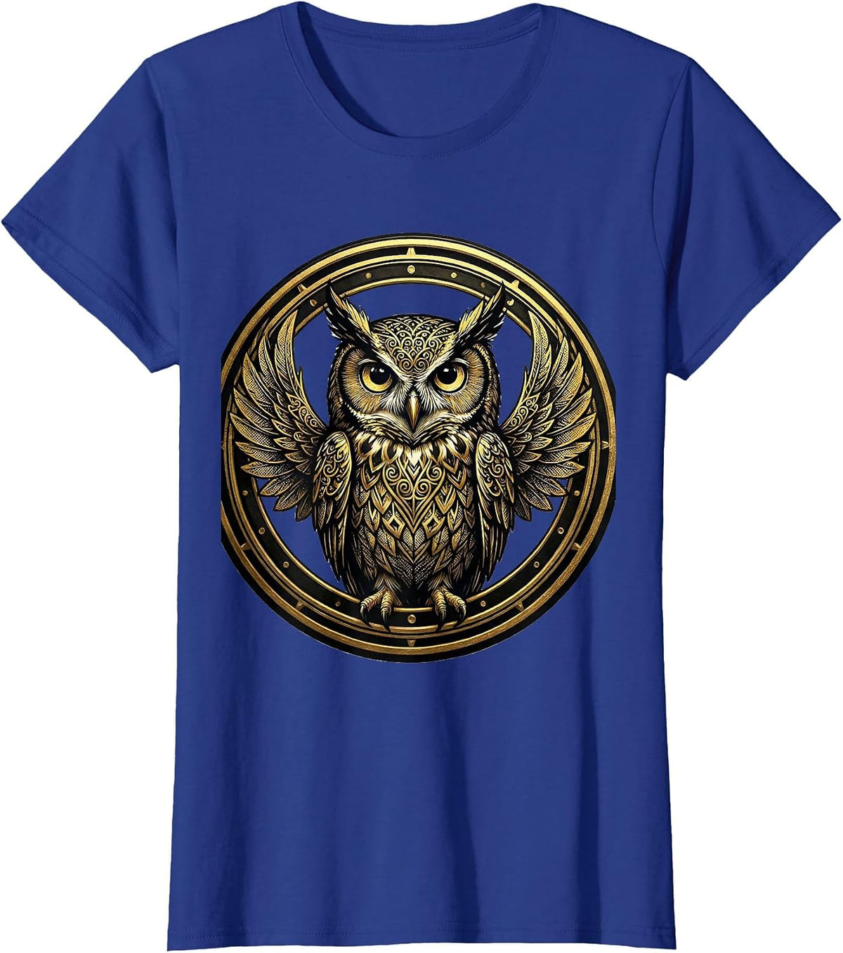 Women's Black Owl Gold Filigree Art Design T-Shirt - Royal Blue