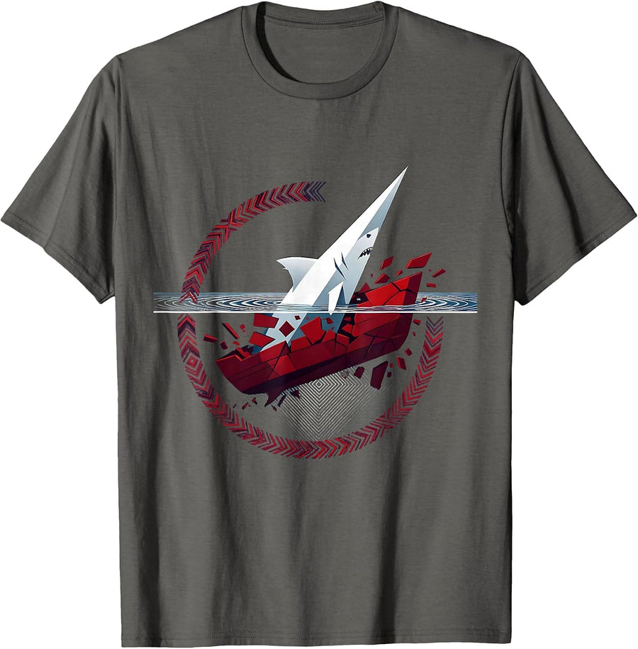 Shark Circling Sinking Ship Graphic Design T-Shirt - Asphalt Grey