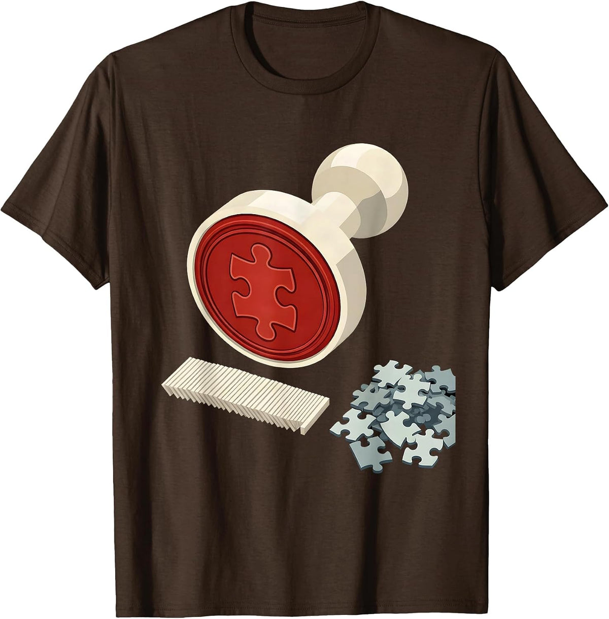 Puzzle Stamp Editorial Conceptual Jigsaw Puzzle Lover T-Shirt - Brown