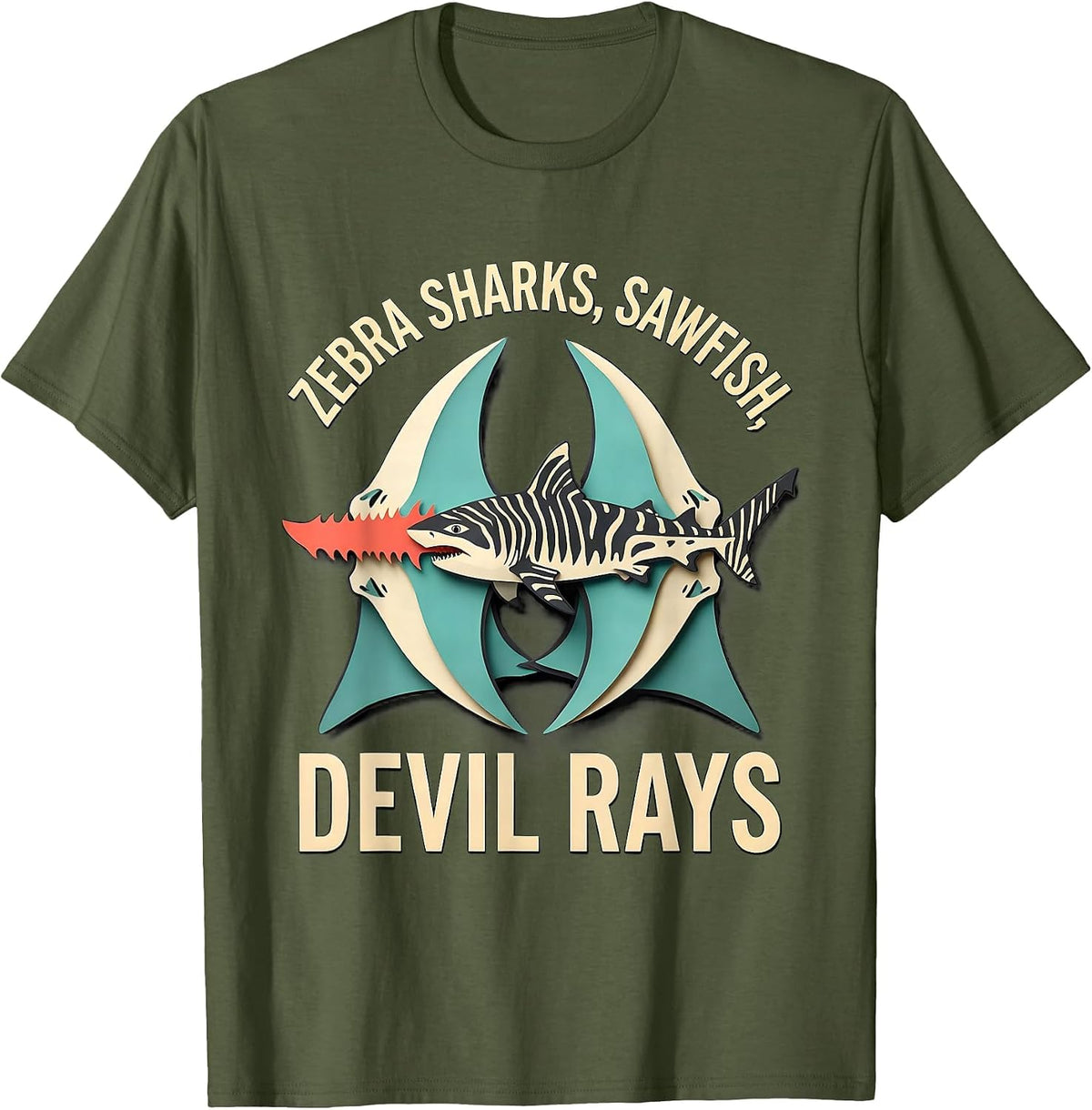 Men's Zebra Sharks Sawfish Devil Rays Funny Shark Lover Ocean T-Shirt - Olive Green