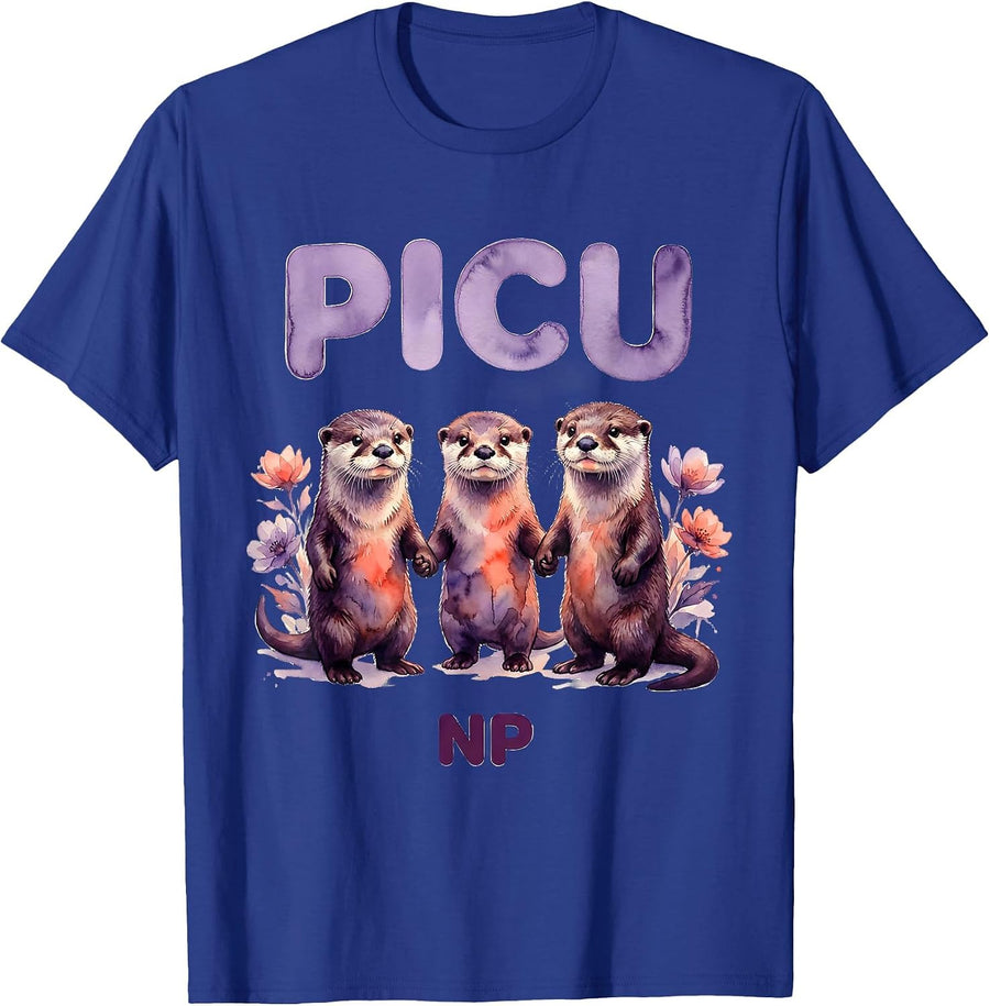 PICU NP Cute Watercolor Baby Otters Pediatric Nurse T-Shirt - Royal Blue