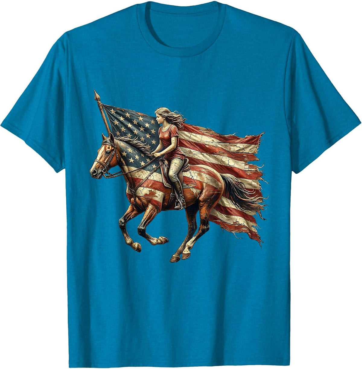 Patriotic Horseback Rider with Streaming Flag T-Shirt - Sapphire Blue