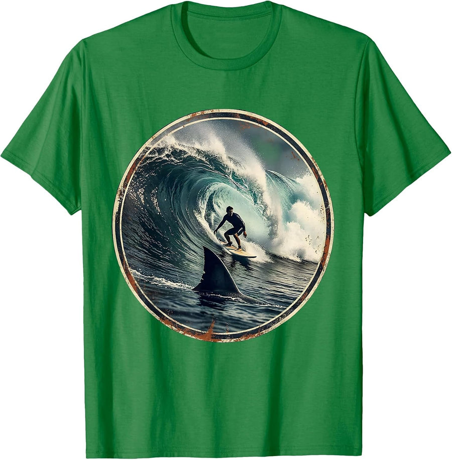 Men's Shark Fin Surfer Ocean Graphic Tee T-Shirt - Kelly Green