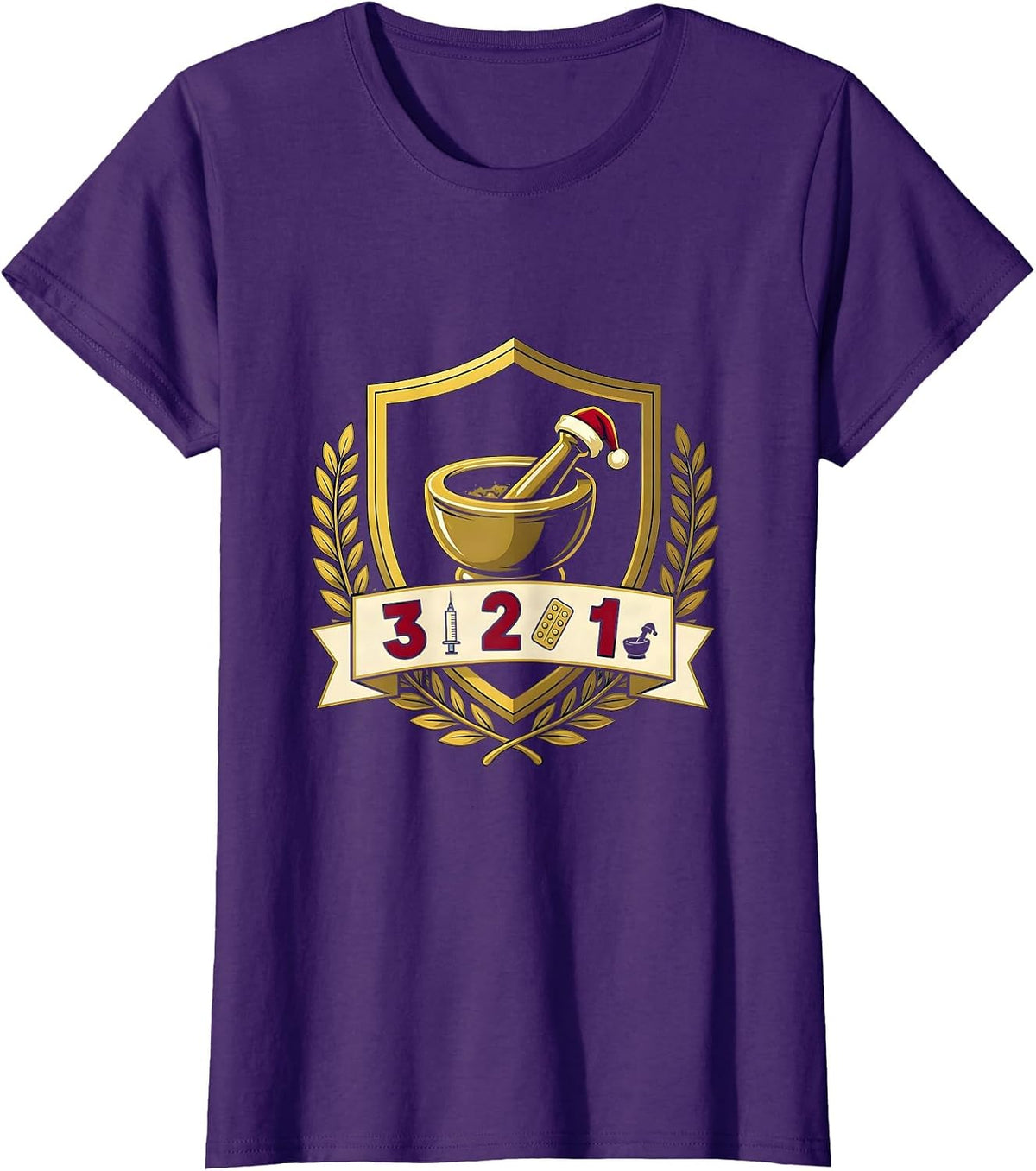 Women's 3 Flu Shots, 2 Unit-Dose Trays, 1 Santa Hat Mortar Pharmacy T-Shirt - Purple
