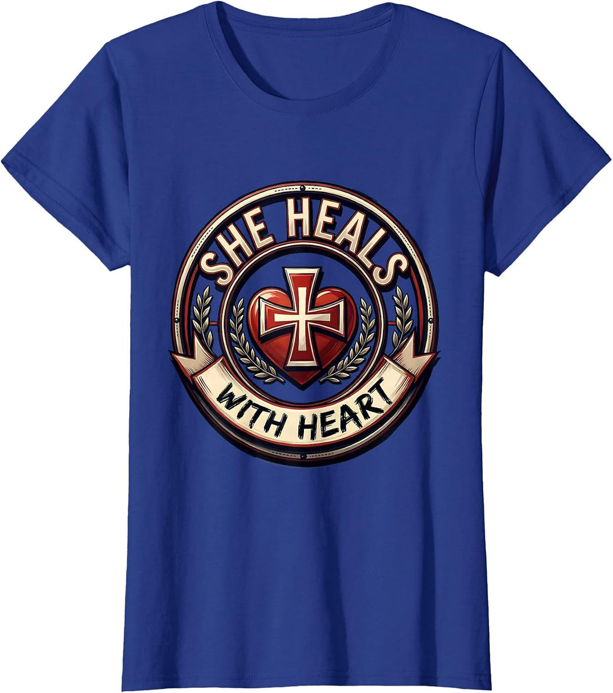 Women's She Heals With Heart Nurse Graphic Design T-Shirt - Royal Blue