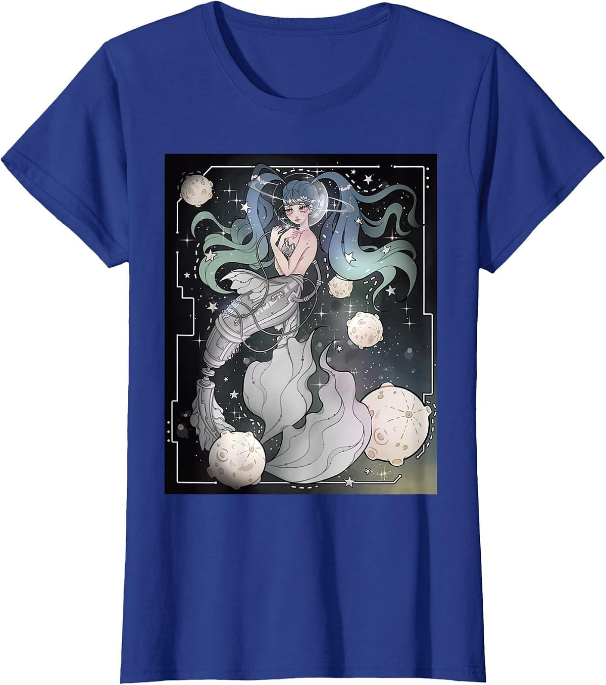 Steampunk Cyberpunk Graphic Mermaid in Space T-Shirt - Royal Blue