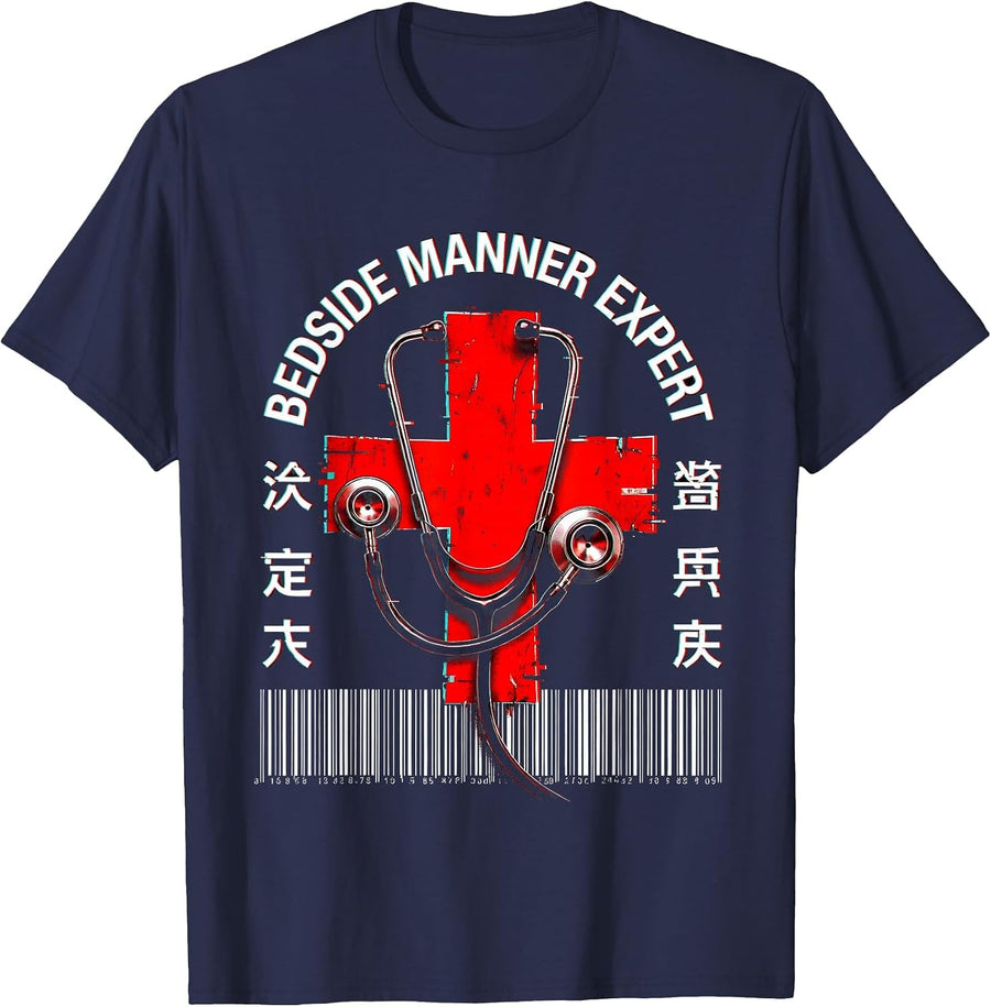 Bedside Manner Expert Nurse Graphic Design T-Shirt - Navy Blue
