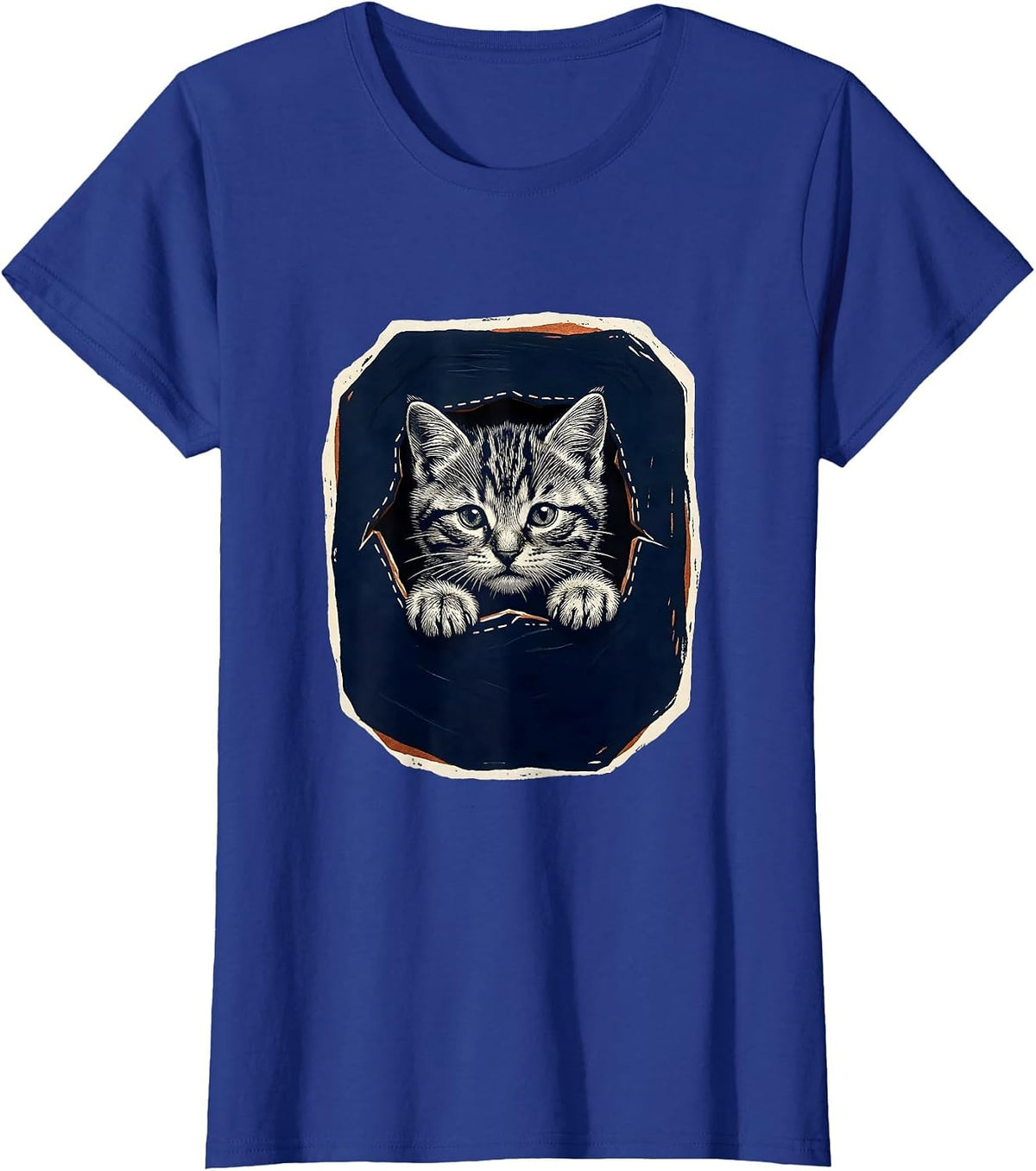 Women's Silver Tabby Kitten Peeking Pocket Cute Cat Lover Gift T-Shirt - Royal Blue