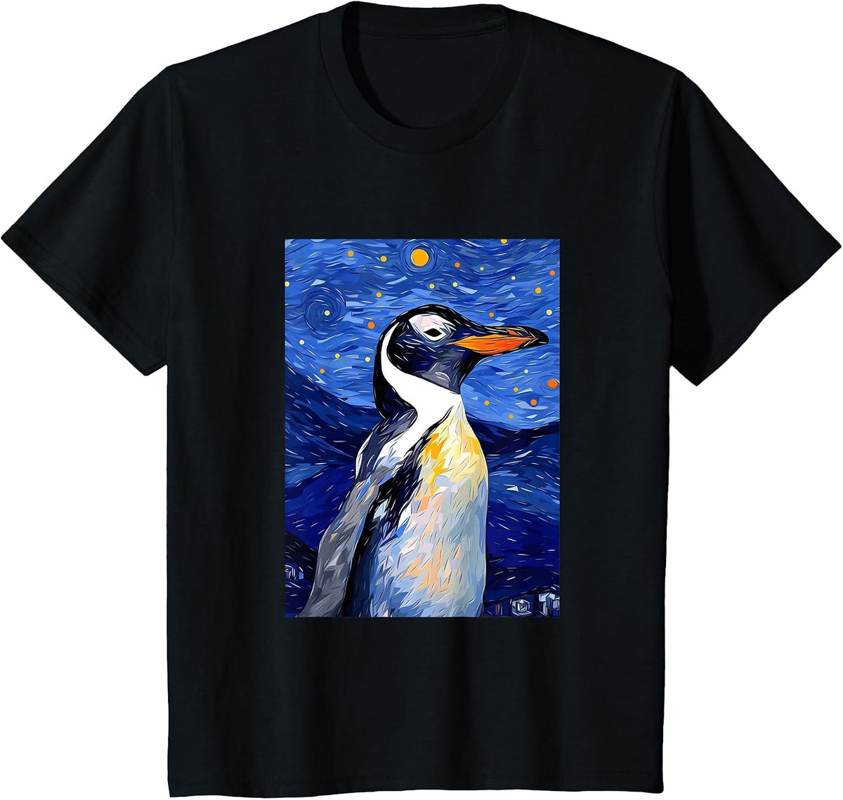 Gentoo Penguin Starry Night Painting Men Women Kids T-Shirt - Black