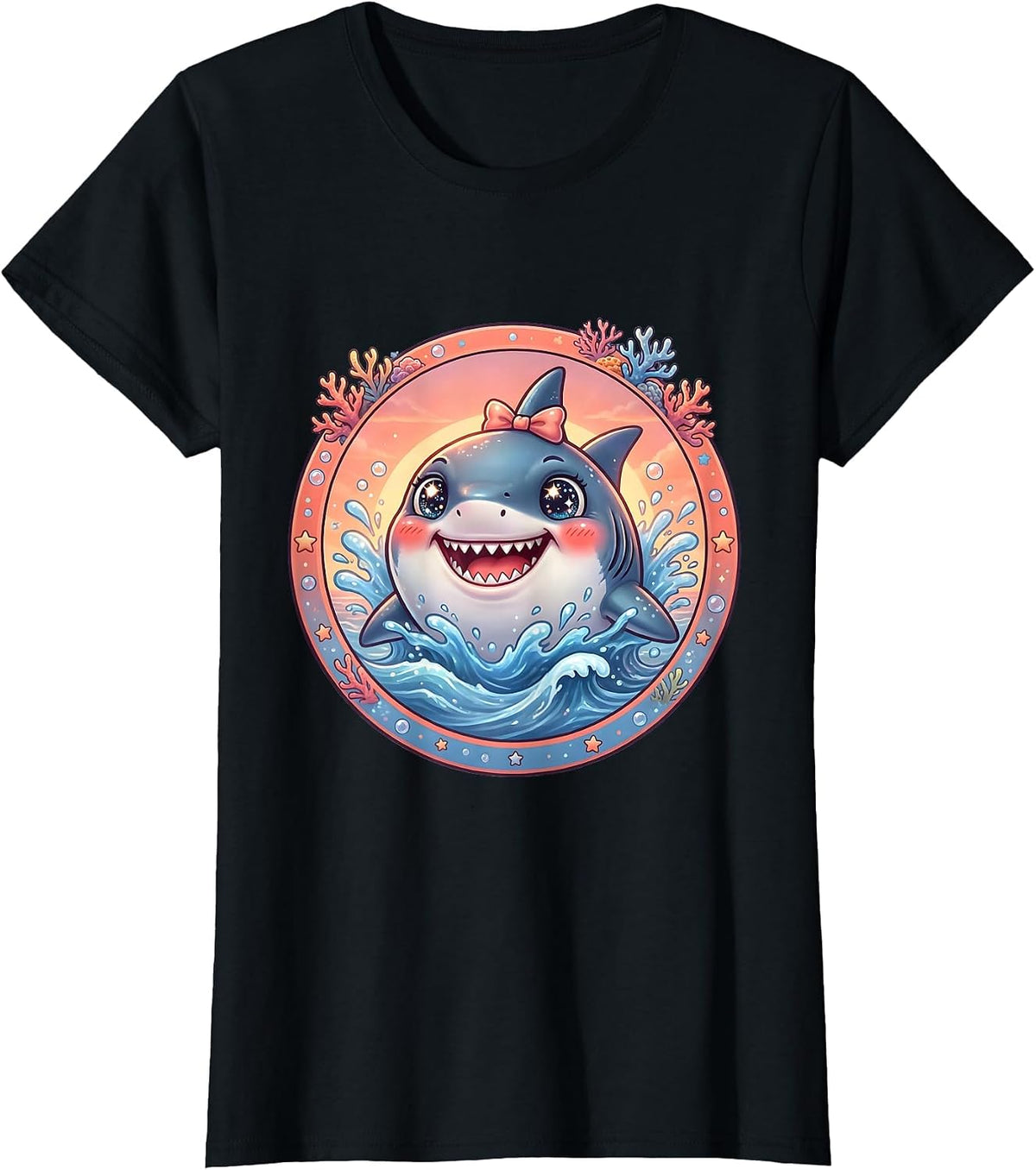 Mommy Shark Ocean Sunset Burst Graphic T-Shirt - Black